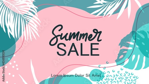 Summer Sale background. Colorful palm leaves, exotic design. Banner, web cite header, card template.