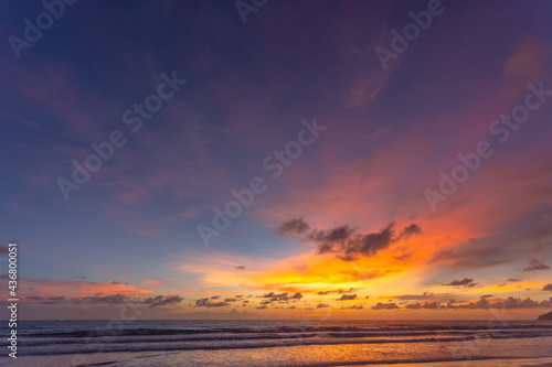 Majestic sunset or sunrise landscape Amazing light of nature cloudscape sky and Clouds moving away rolling .Beautiful Phuket beach is a famous tourist destination in Andaman sea summer. . © Narong Niemhom