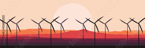 wind turbines silhouette in mountain landscape flat design vector illustration for wallpaper, background, banner, and design template