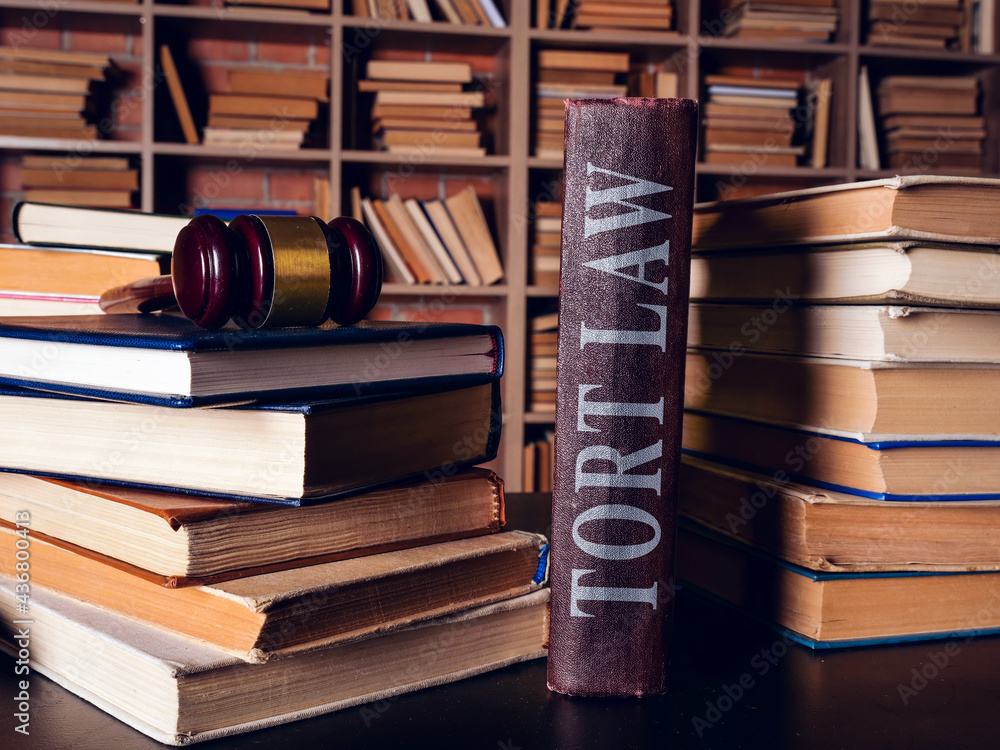 Φωτογραφία Heap of books and Tort law with gavel.