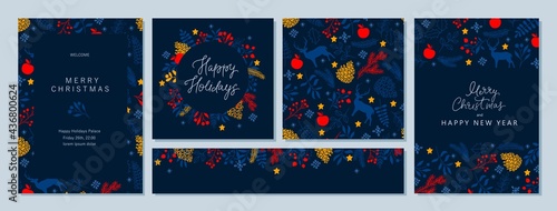 Merry Christmas and Happy New Year holiday cards collection, seamless pattern. Floral, botanical design