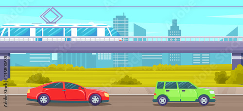 Elevated road junction and interchange overpass. City landscape with electric train on highways. Road infographics with highway, passenger transport, cars on road on background of skyscrapers