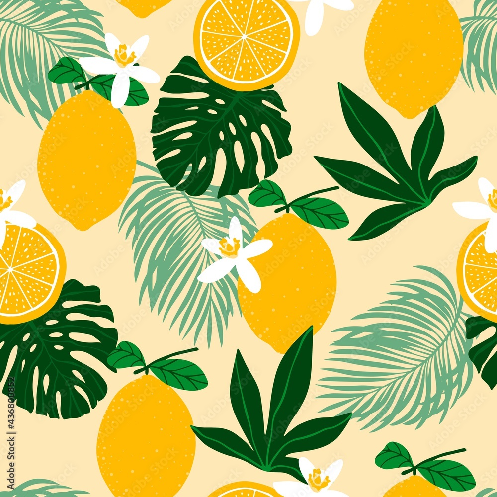 Seamless pattern with lemons, exotic palm leaves. Flat minimalist cut out paper style. Seamless pattern with lemons, exotic palm leaves. Flat minimalist cut out paper style.