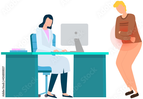 Man with abdominal pain in consultation with doctor. Gastroenterologist consults patient with stomachache. Girl analyzes patient to make diagnosis. Guy with symptoms of gastrointestinal tract disease