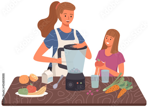 Mom and daughter are cooking smoothie or juice in blender. Proper healthy nutrition and vegetarianism concept. Process of cooking vegetarian drink. Female characters mix fruits for healthy drink