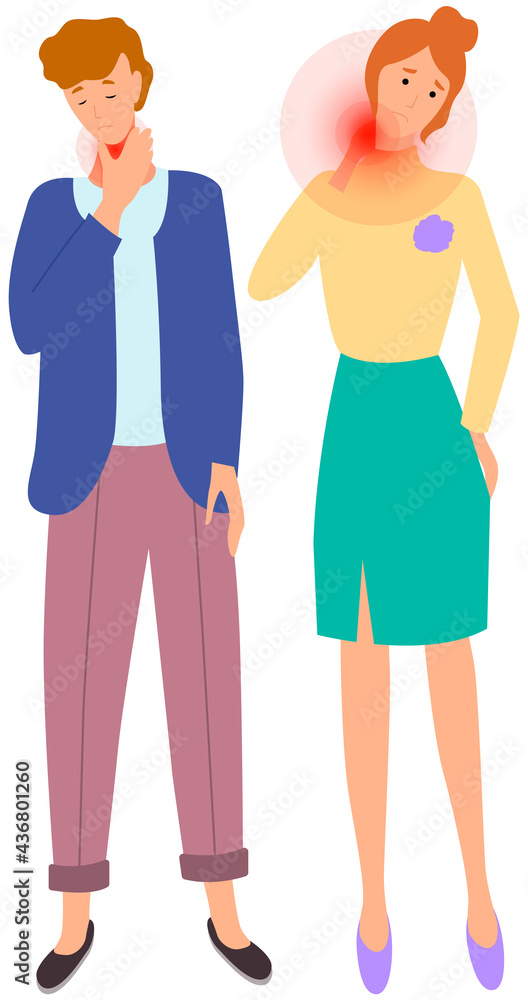 Guy with flu or cold is suffering from sore throat. People holding on their neck. Illness and disease symptoms concept. Man and woman puts his hand on neck. Female character feeling pain in joint