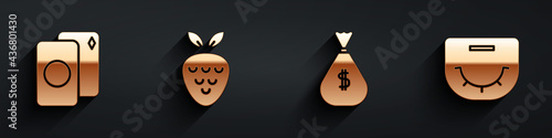 Set Deck of playing cards, Casino slot machine with strawberry, Money bag and Poker table icon with long shadow. Vector