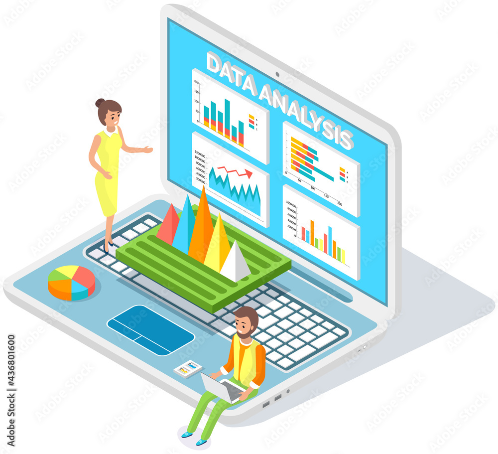 Visualize with business analytics. People work with statistical data analysis, changing indicators. Employees analyze statistical indicators, business data. Characters work with marketing research Visualize with business analytics. People work with statistical data analysis, changing indicators. Employees analyze statistical indicators, business data. Characters work with marketing research