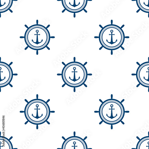 Quadro su tela Nautical seamless pattern with blue helms and anchors on white.