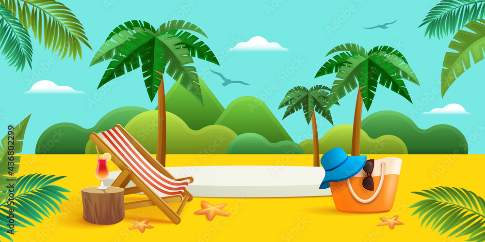 Obraz premium Summer holiday beach vacation theme podium with summer set beach elements.