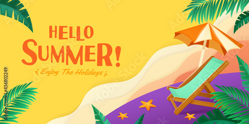 Hello summer holiday beach vacation theme horizontal banner.