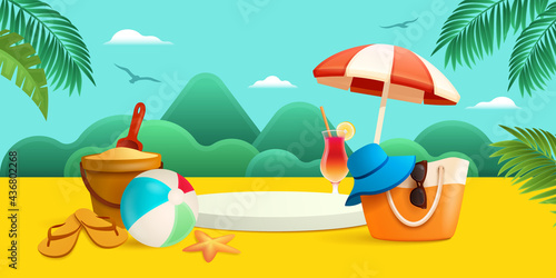Summer holiday beach vacation theme podium with summer set beach elements.