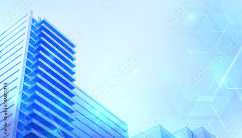 Abstract blur double exposure of Blockchain technology and market Trade concept with industry city district Background - 3d rendering