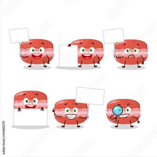 Red macaron cartoon character bring information board
