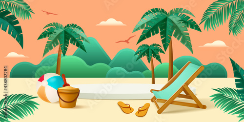 Summer holiday beach vacation theme podium with summer set beach elements.