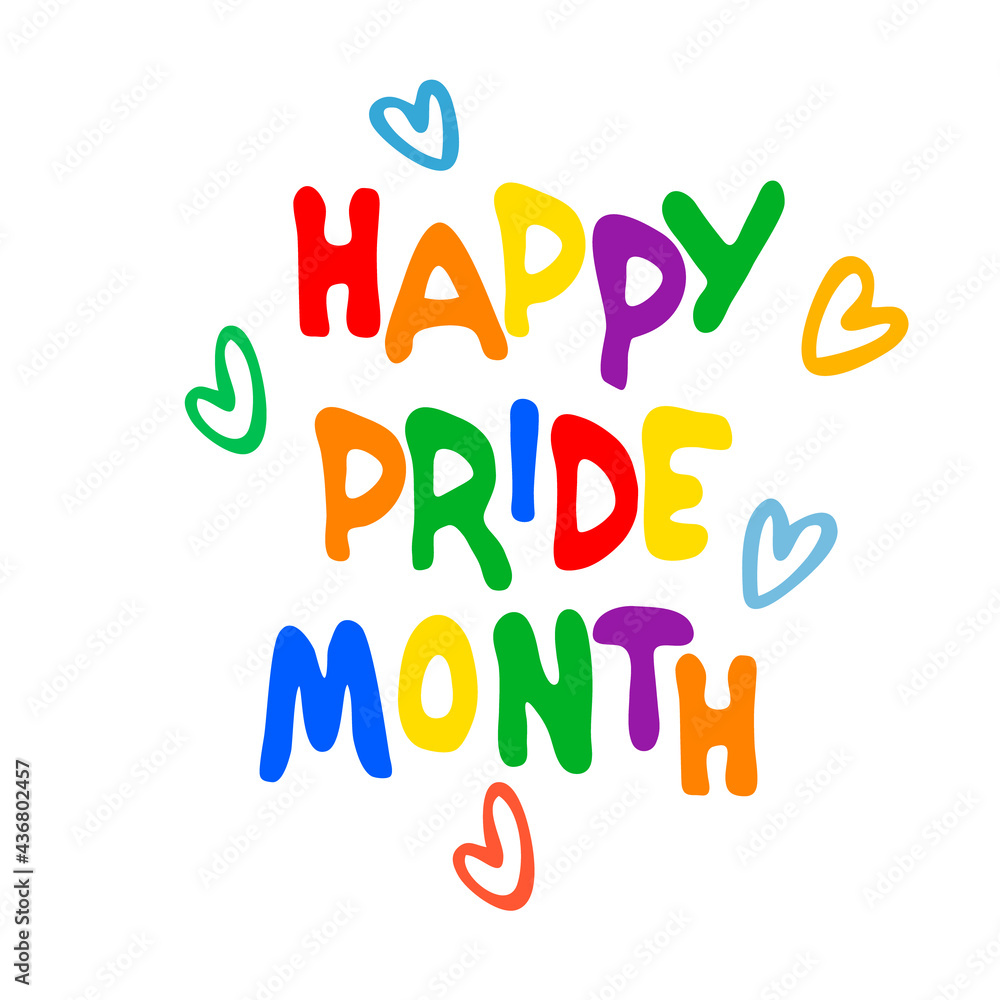Happy Pride Month. Annual sexual diversity celebrations logo. Sex minorities self-affirmation concept. Rainbow-colored hand lettering decorated with small hearts. Isolated on white background