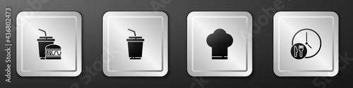 Set Paper glass and burger, with water, Chef hat and Round the clock delivery icon. Silver square button. Vector