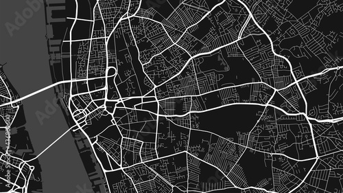 Black and white Liverpool city area vector background map, streets and water cartography illustration.