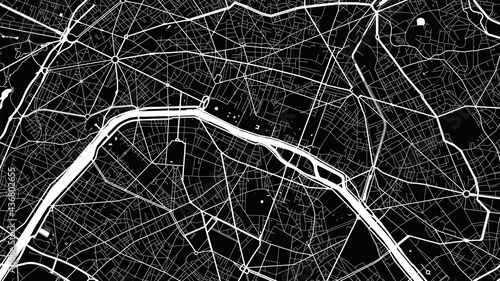 Black and white Paris city area vector background map, streets and water cartography illustration.