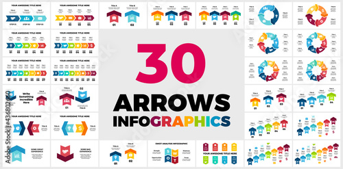 30 Arrows Vector Infographics. Vol 1. Presentation slide templates. Circle chart diagrams. 3, 4, 5, 6, 7, 8 steps, options, parts. Up stairs. Business success.