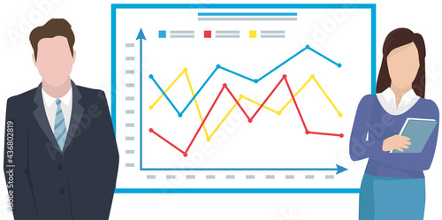 Financial accounting concept. Investment analysis presentation board with change economic marks. Businessman and woman analysts, board with financial tables, report with graphs, market analysis