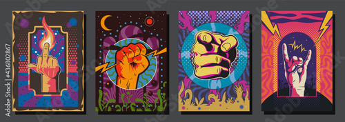 Hand Gestures and Psychedelic Color Backgrounds, Posters, Covers Template Set 