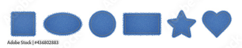 Denim circle, heart, rectangle, ellipse and star shapes with stitches. Torn jean patches with seam. Vector realistic illustration on white background.