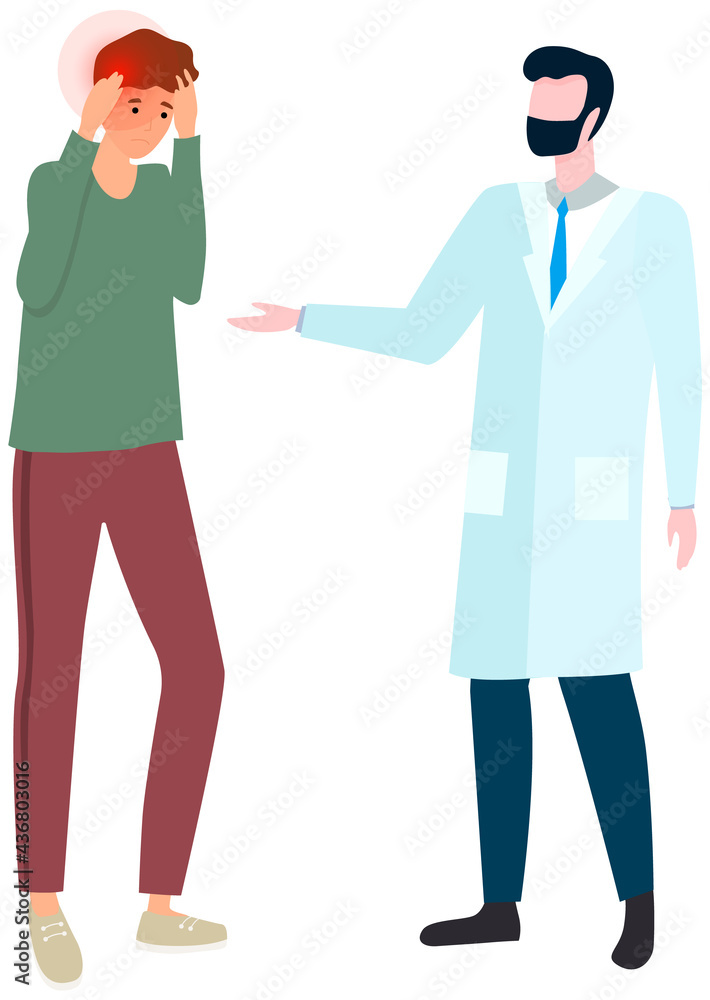Man with pain in head in consultation with doctor. Therapist consults patient with migraine. Painful sensations of sick person. Male character grabs his hands to head, with symptoms of headache