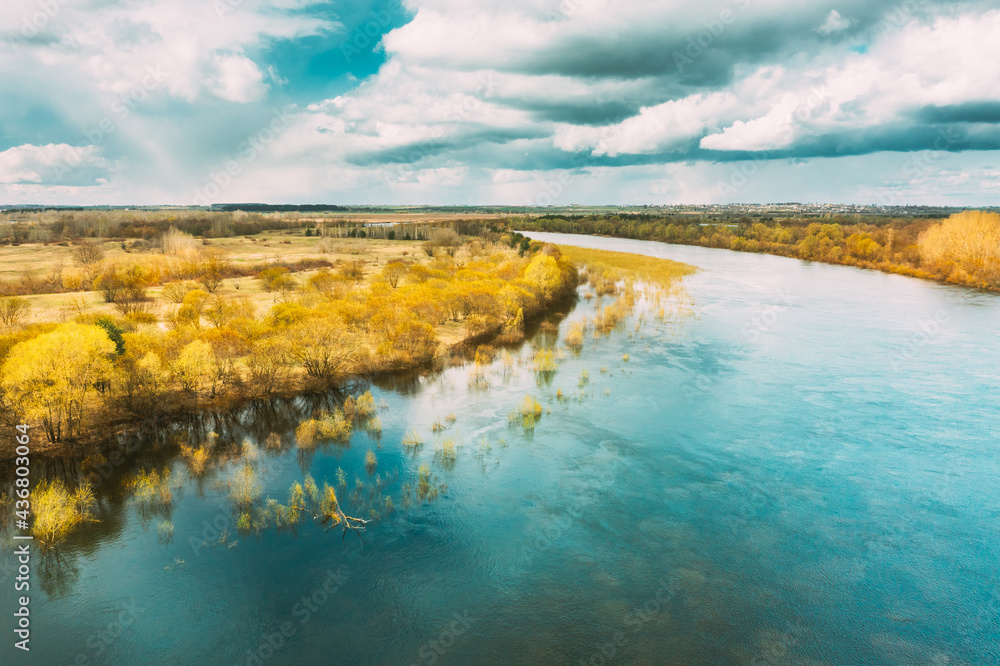 River During Spring Flood Water. Aerial View Landscape. Top View Of Beautiful European Nature From High Attitude In Springtime Season