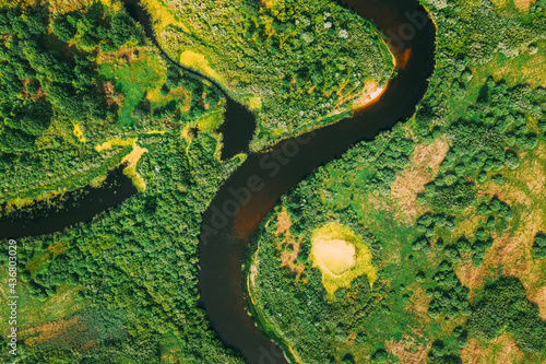 Aerial View Of Summer River Landscape In Sunny Summer Day. Top View Of Beautiful European Nature From High Attitude In Summer Season.