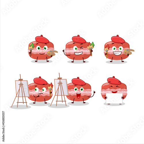 Artistic Artist of red macaron cartoon character painting with a brush
