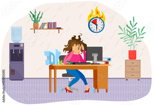Stressed business lady works at computer in office to finish work before deadline. Female character trying to complete task in time. Working in office and implementation of assign tasks concept