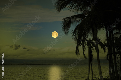 Romantic full moon over the lake in early night