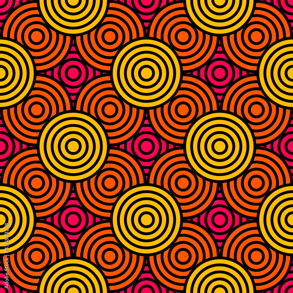 Patrón de círculos concéntricos solapados y coloridos con borde negro Patrón de círculos concéntricos solapados y coloridos con borde negro