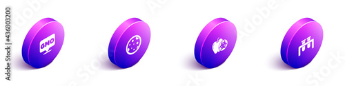 Set Isometric GMO, Petri dish with bacteria, Genetically modified apple and Test tube and flask icon. Vector