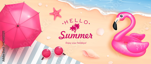 Vector beautiful realistic top view illustration of sandy summer beach with beach umbrella, sunglasses, swimming ring and seashells
