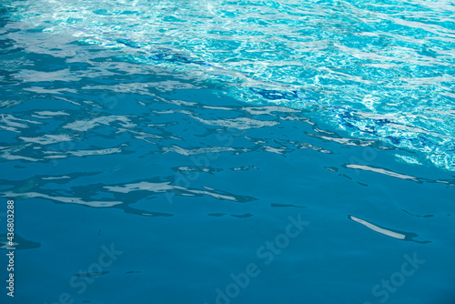 Blue pool water background. Blurred transparent clear calm water surface texture. Water waves in sunlight with copy space.