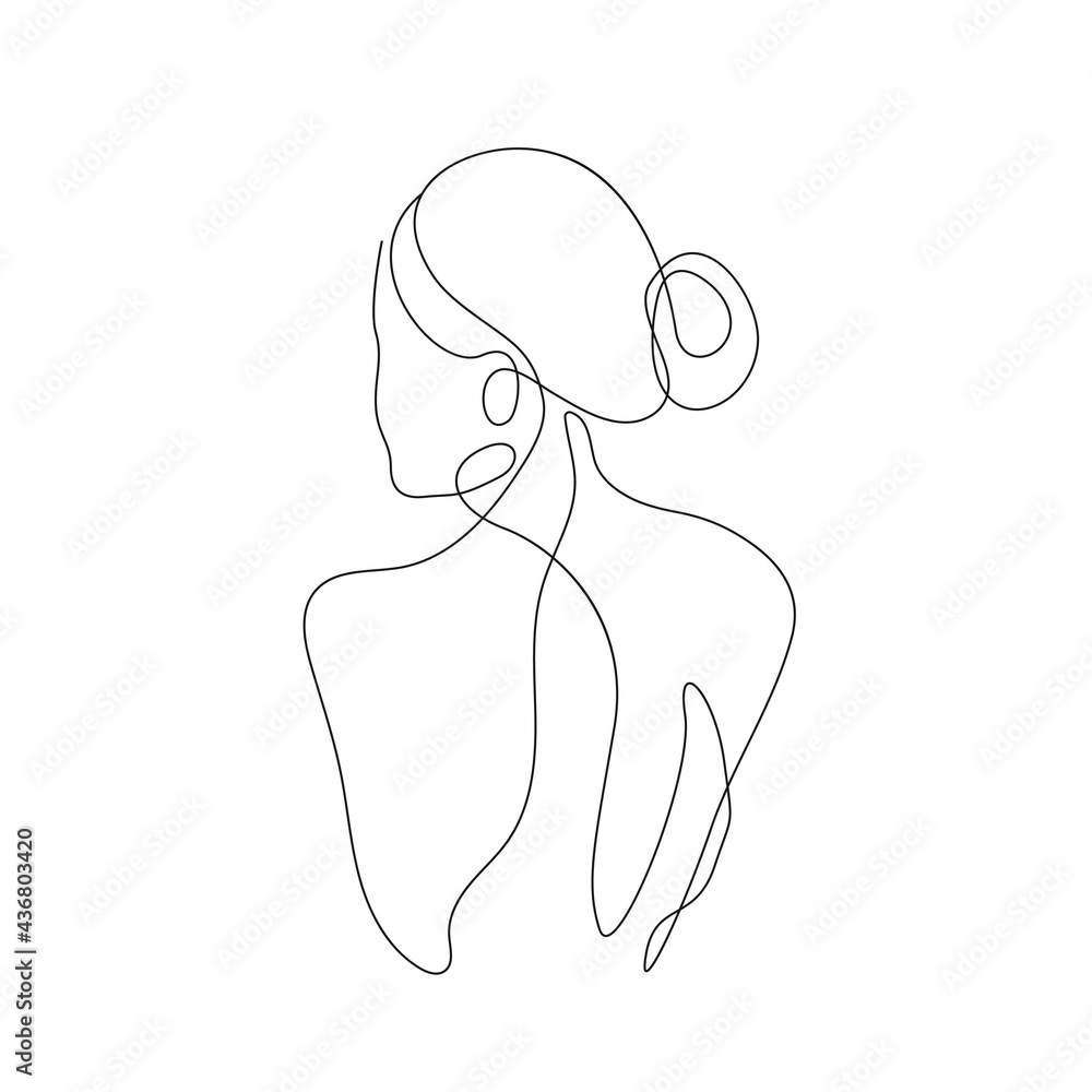 Trendy Line Art Woman Body Back. Minimalistic Black Lines Drawing. Female Figure Continuous One Line Abstract Drawing. Modern Scandinavian Design. Naked Body Art. Vector Illustration.