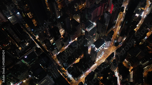 AERIAL. Top view of Hong Kong city at night time.