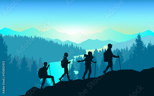A team of friends climbs the mountains. Teamwork. Vector polygonal landscape illustration, Minimalist flat design. Travel concept of discovering, exploring, observing nature. Adventure tourism. Hiking