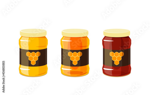 Glass honey jars, dark to light. Vector illustration cartoon flat icon isolated on white background.