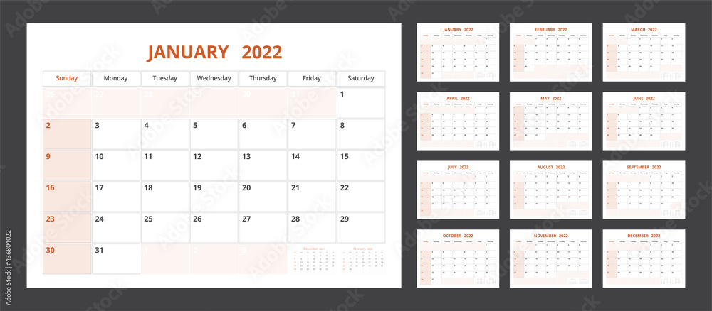 2022 calendar planner set for template corporate design week start on Sunday. 2022 calendar planner set for template corporate design week start on Sunday.