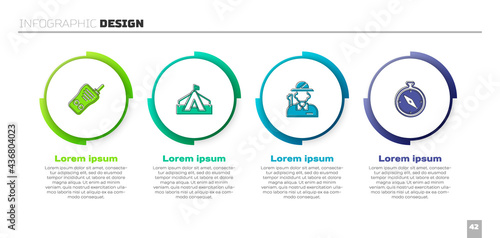 Set Walkie talkie, Tourist tent, Hunter and Compass. Business infographic template. Vector