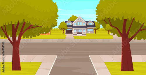 Street with house, plants and asphalt road. Roadway with sidewalk near residental building. Landscape with nature and driveway. Natural landscape around highway. Exterior of large building, house