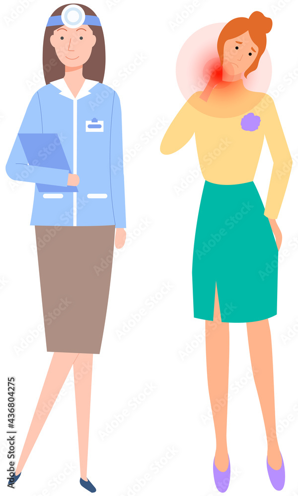 Woman on diagnosis of disease. Person complains to doctor about painful sensations in neck joint. Patient with pain in consultation with doctor. Medical specialist consults girl with sore neck Woman on diagnosis of disease. Person complains to doctor about painful sensations in neck joint. Patient with pain in consultation with doctor. Medical specialist consults girl with sore neck