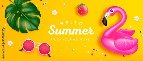 Vector summer poster or banner with realistic sunglasses, swimming ring, tropical leaf and flowers on yellow background
