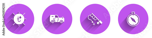 Set Sun, Off road car, Fishing rod and Compass icon with long shadow. Vector