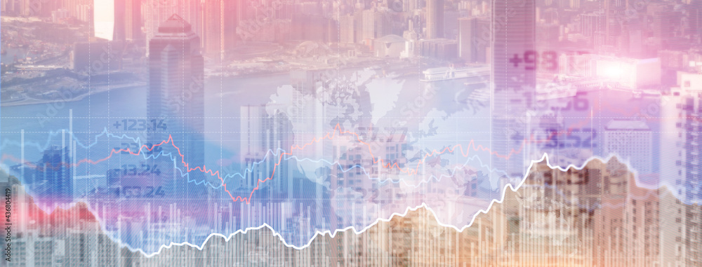 Double explosure with businesss charts and financial district of megapolis Double explosure with businesss charts and financial district of megapolis