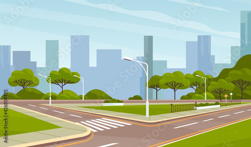Landscape of urban city park. Modern cityscape of town center with crossroads. Crossing roads against background of tall buildings and skyscrapers. Roadway, cityscape and nature vector illustration