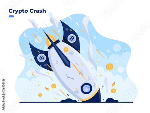 Crypto Crash vector flat illustration. Bitcoin price collapse, cryptocurrency volatility price roaring fast and fall down. Crypto loss. Cryptocurrency investment high risk. Crypto market drop.